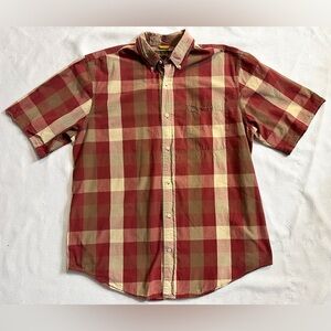 Timberland Men's Red and Tan Plaid Collared Shirt Size XL